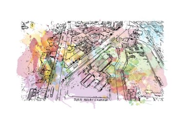 Arjantin 'deki Comodoro Rivadavia şehrinin simgesi olan Print Binası manzarası. Vektör içinde elle çizilmiş çizim eşkali ile suluboya sıçraması.