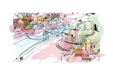 Print Building view with landmark of Cologne, Almanya 'nın en büyük şehridir. Vektör içinde el çizimi çizimi eşkali ile suluboya sıçraması.