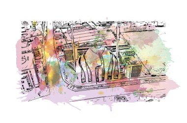 Print Building view with landmark of Cologne, Almanya 'nın en büyük şehridir. Vektör içinde el çizimi çizimi eşkali ile suluboya sıçraması.