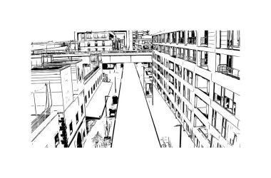 Print Building view with landmark of Cologne, Almanya 'nın en büyük şehridir. Vektörde elle çizilmiş çizim çizimi.