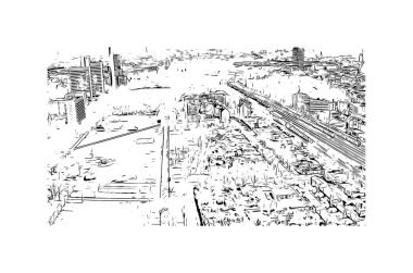 Print Building view with landmark of Cologne, Almanya 'nın en büyük şehridir. Vektörde elle çizilmiş çizim çizimi.