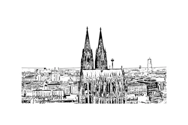 印刷ケルンのランドマークと建物の景色はドイツ最大の都市です 手描きのスケッチ図ベクトル — ストックベクタ