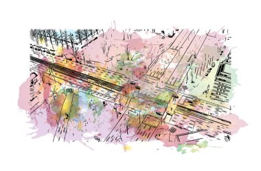 Print Building view with landmark of Cologne, Almanya 'nın en büyük şehridir. Vektör içinde el çizimi çizimi eşkali ile suluboya sıçraması.