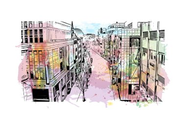 Print Building view with landmark of Cologne, Almanya 'nın en büyük şehridir. Vektör içinde el çizimi çizimi eşkali ile suluboya sıçraması.