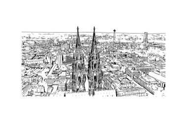 Print Building view with landmark of Cologne, Almanya 'nın en büyük şehridir. Vektörde elle çizilmiş çizim çizimi.