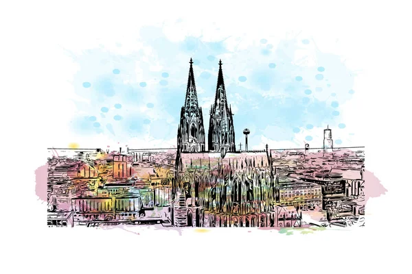 Print Building View Landmark Köln Tysklands Största Stad Akvarell Stänk — Stock vektor