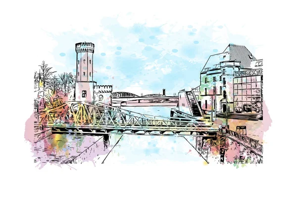 具有科隆地标的印刷厂是德国最大的城市 水彩飞溅与手绘草图图解矢量 — 图库矢量图片