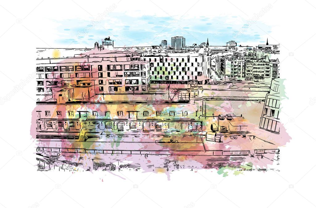 Print  Building view with landmark of Cologne is the largest city of Germany. watercolour splash with hand drawn sketch illustration in vector.