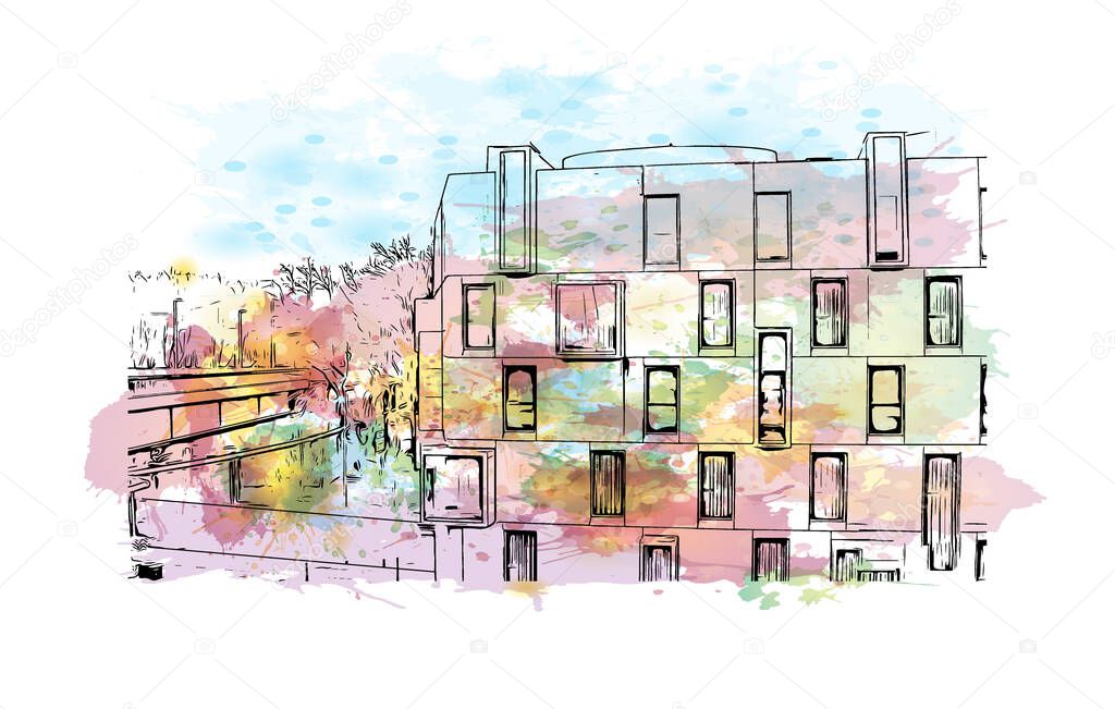 Print  Building view with landmark of Cologne is the largest city of Germany. watercolour splash with hand drawn sketch illustration in vector.