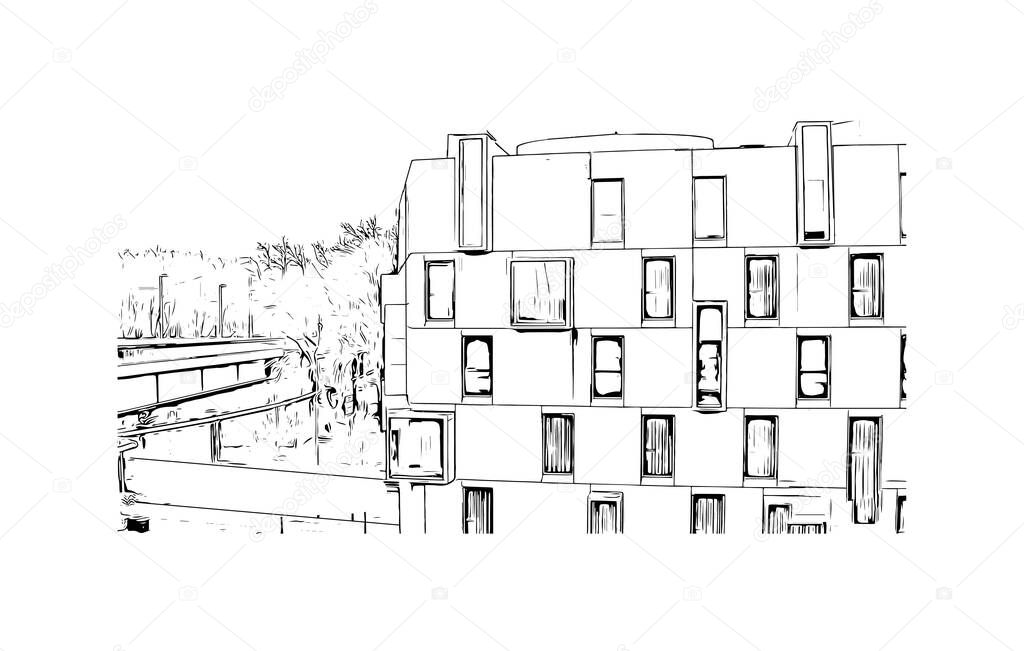 Print Building view with landmark of Cologne is the largest city of Germany. Hand drawn sketch illustration in vector.