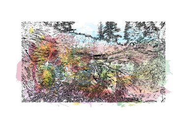 Colorado Springs 'in simgesi olan Print Building View, Colorado' daki belediyedir. Vektör içinde elle çizilmiş çizim eşkali ile suluboya sıçraması.