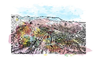 Colorado Springs 'in simgesi olan Print Building View, Colorado' daki belediyedir. Vektör içinde elle çizilmiş çizim eşkali ile suluboya sıçraması.