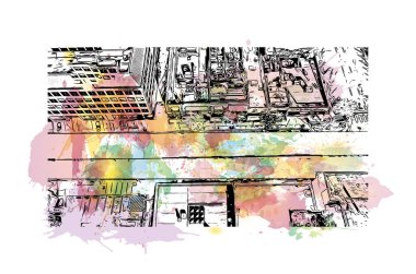 Colorado Springs 'in simgesi olan Print Building View, Colorado' daki belediyedir. Vektör içinde elle çizilmiş çizim eşkali ile suluboya sıçraması.