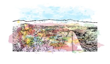 Colorado Springs 'in simgesi olan Print Building View, Colorado' daki belediyedir. Vektör içinde elle çizilmiş çizim eşkali ile suluboya sıçraması.