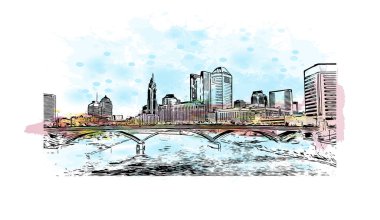 Columbus 'un simgesi olan Print Building View Ohio' da bulunmaktadır. Vektör içinde elle çizilmiş çizim eşkali ile suluboya sıçraması.