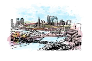 Columbus 'un simgesi olan Print Building View Ohio' da bulunmaktadır. Vektör içinde elle çizilmiş çizim eşkali ile suluboya sıçraması.