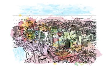 Columbus 'un simgesi olan Print Building View Ohio' da bulunmaktadır. Vektör içinde elle çizilmiş çizim eşkali ile suluboya sıçraması.