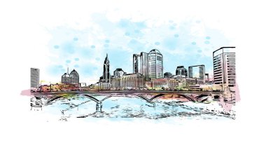Columbus 'un simgesi olan Print Building View Ohio' da bulunmaktadır. Vektör içinde elle çizilmiş çizim eşkali ile suluboya sıçraması.