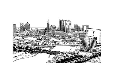 Columbus 'un simgesi olan Print Building View Ohio' da bulunmaktadır. Vektörde elle çizilmiş çizim çizimi.