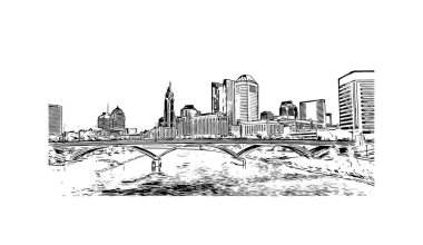 Columbus 'un simgesi olan Print Building View Ohio' da bulunmaktadır. Vektörde elle çizilmiş çizim çizimi.