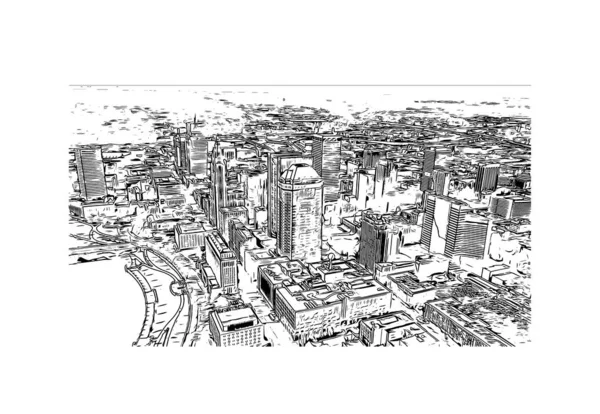 Columbus 'un simgesi olan Print Building View Ohio' da bulunmaktadır. Vektörde elle çizilmiş çizim çizimi.
