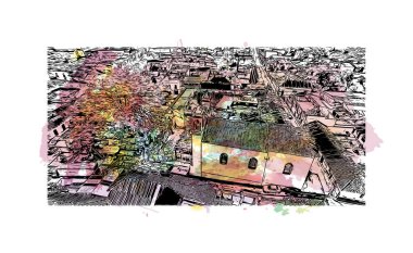 Comitan 'ın simgesi olan Print Building View Meksika' da bulunmaktadır. Vektör içinde el çizimi çizimi eşkali ile suluboya sıçraması.