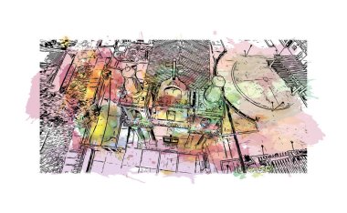 Comitan 'ın simgesi olan Print Building View Meksika' da bulunmaktadır. Vektör içinde el çizimi çizimi eşkali ile suluboya sıçraması.