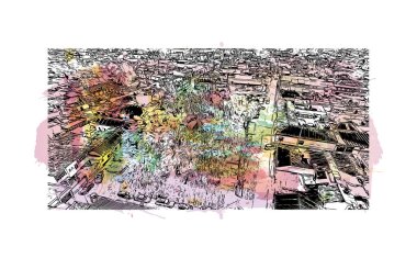 Comitan 'ın simgesi olan Print Building View Meksika' da bulunmaktadır. Vektör içinde el çizimi çizimi eşkali ile suluboya sıçraması.