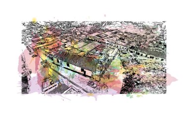 Comitan 'ın simgesi olan Print Building View Meksika' da bulunmaktadır. Vektör içinde el çizimi çizimi eşkali ile suluboya sıçraması.