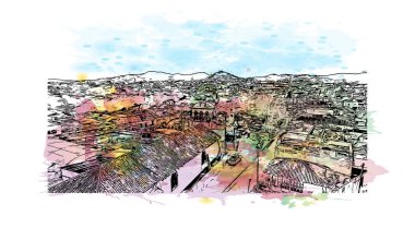 Comitan 'ın simgesi olan Print Building View Meksika' da bulunmaktadır. Vektör içinde el çizimi çizimi eşkali ile suluboya sıçraması.