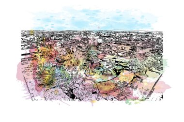 Comitan 'ın simgesi olan Print Building View Meksika' da bulunmaktadır. Vektör içinde el çizimi çizimi eşkali ile suluboya sıçraması.