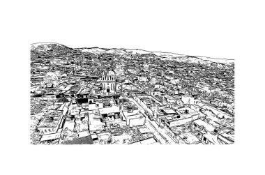 Comitan 'ın simgesi olan Print Building View Meksika' da bulunmaktadır. Vektörde elle çizilmiş çizim çizimi.