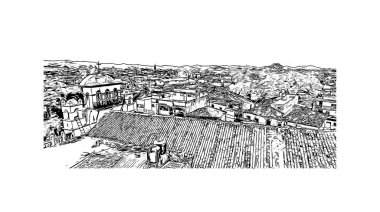 Comitan 'ın simgesi olan Print Building View Meksika' da bulunmaktadır. Vektörde elle çizilmiş çizim çizimi.