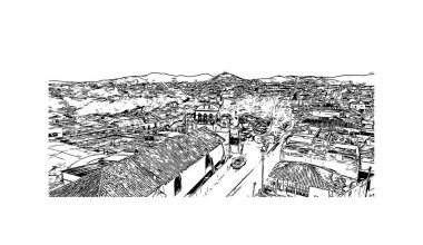 Comitan 'ın simgesi olan Print Building View Meksika' da bulunmaktadır. Vektörde elle çizilmiş çizim çizimi.