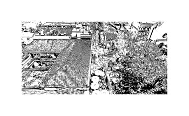 Comitan 'ın simgesi olan Print Building View Meksika' da bulunmaktadır. Vektörde elle çizilmiş çizim çizimi.