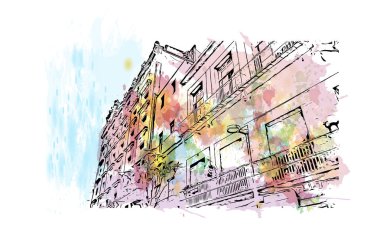 Ciudad Madero 'nun simgesi olan Print Building View Meksika' da bulunmaktadır. Vektör içinde elle çizilmiş çizim eşkali ile suluboya sıçraması.