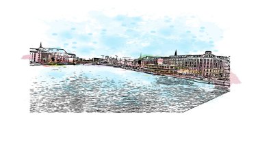 Danimarka 'nın başkenti Kopenhag' ın simgesi olan Print Building view 'dir. Vektör içinde el çizimi çizimi eşkali ile suluboya sıçraması