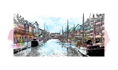 Danimarka 'nın başkenti Kopenhag' ın simgesi olan Print Building view 'dir. Vektör içinde el çizimi çizimi eşkali ile suluboya sıçraması