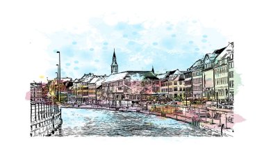 Danimarka 'nın başkenti Kopenhag' ın simgesi olan Print Building view 'dir. Vektör içinde el çizimi çizimi eşkali ile suluboya sıçraması