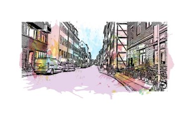 Danimarka 'nın başkenti Kopenhag' ın simgesi olan Print Building view 'dir. Vektör içinde el çizimi çizimi eşkali ile suluboya sıçraması