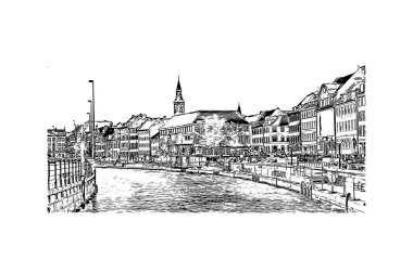 Danimarka 'nın başkenti Kopenhag' ın simgesi olan Print Building view 'dir. Vektörde elle çizilmiş çizim çizimi.