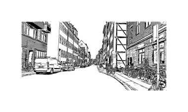 Danimarka 'nın başkenti Kopenhag' ın simgesi olan Print Building view 'dir. Vektörde elle çizilmiş çizim çizimi.