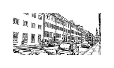Danimarka 'nın başkenti Kopenhag' ın simgesi olan Print Building view 'dir. Vektörde elle çizilmiş çizim çizimi.