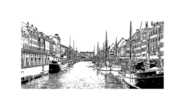 Tisk Pohled Budovu Orientačním Bodem Kodaně Hlavním Městem Dánska Ručně — Stockový vektor