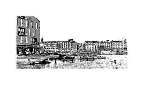 Print Building View Landmark Copenhagen Danmarks Huvudstad Handritad Skiss Illustration — Stock vektor