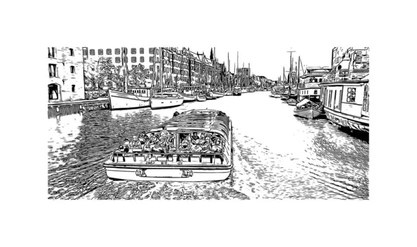Imprimer Capitale Danemark Est Vue Imprenable Sur Copenhague Illustration Dessinée — Image vectorielle