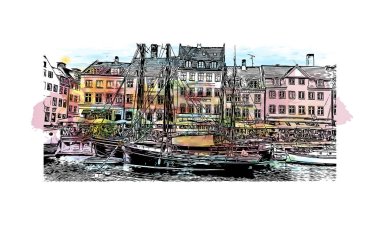 Danimarka 'nın başkenti Kopenhag' ın simgesi olan Print Building view 'dir. Vektör içinde el çizimi çizimi eşkali ile suluboya sıçraması.