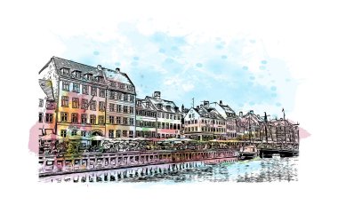 Danimarka 'nın başkenti Kopenhag' ın simgesi olan Print Building view 'dir. Vektör içinde el çizimi çizimi eşkali ile suluboya sıçraması.
