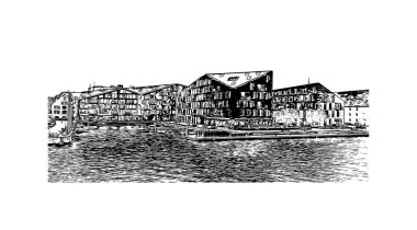 Danimarka 'nın başkenti Kopenhag' ın simgesi olan Print Building view 'dir. Vektörde elle çizilmiş çizim çizimi.