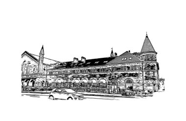 Danimarka 'nın başkenti Kopenhag' ın simgesi olan Print Building view 'dir. Vektörde elle çizilmiş çizim çizimi.